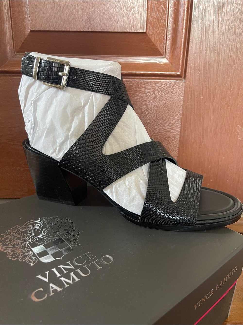 NEW Vince Camuto Black Textured Crisscross Block Heel Sandal